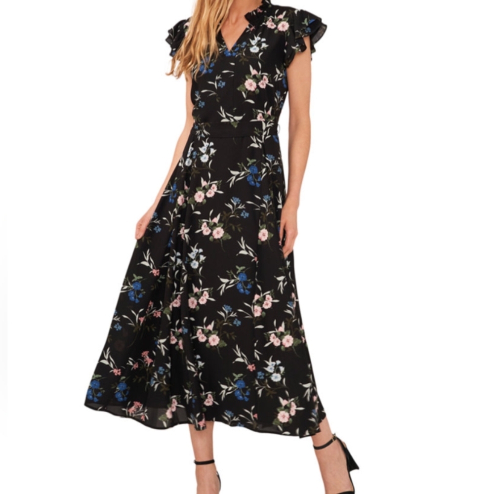 CeCe Floral Print Smocked Waist Ruffle Trim Midi Dress XL